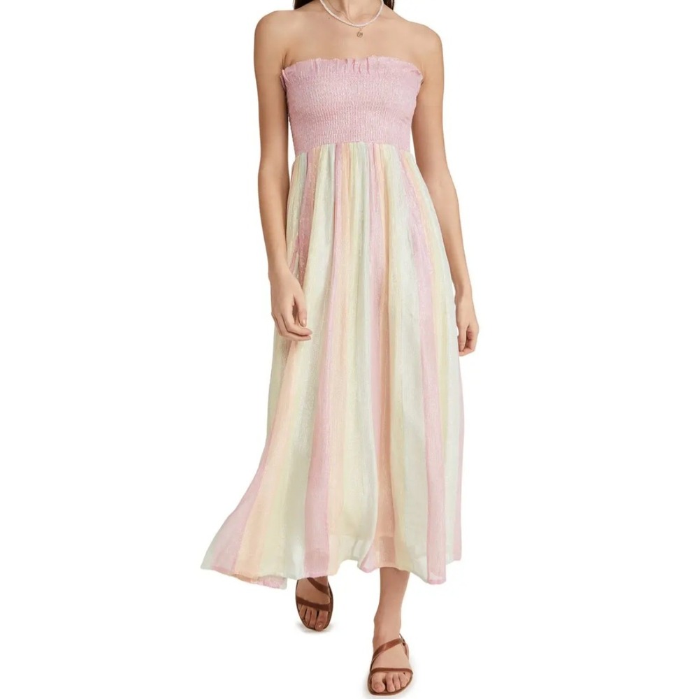 Sundress Maxi Dress Womens Medium Multicolor Strapless Smocked Metallic Striped